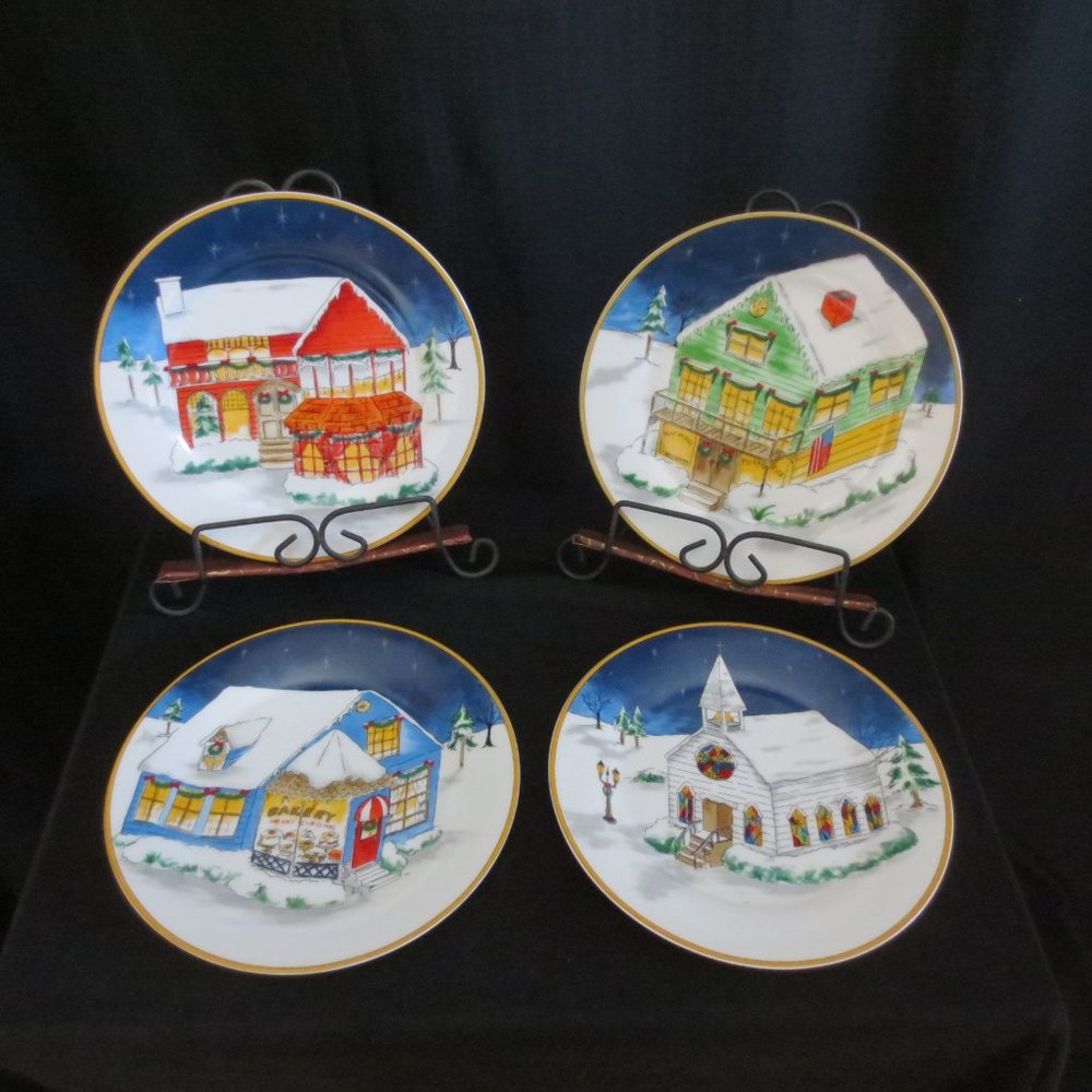 American Atelier 4 Plate Set #5053 Winter Village Colorful Ceramic Serving 8 In.